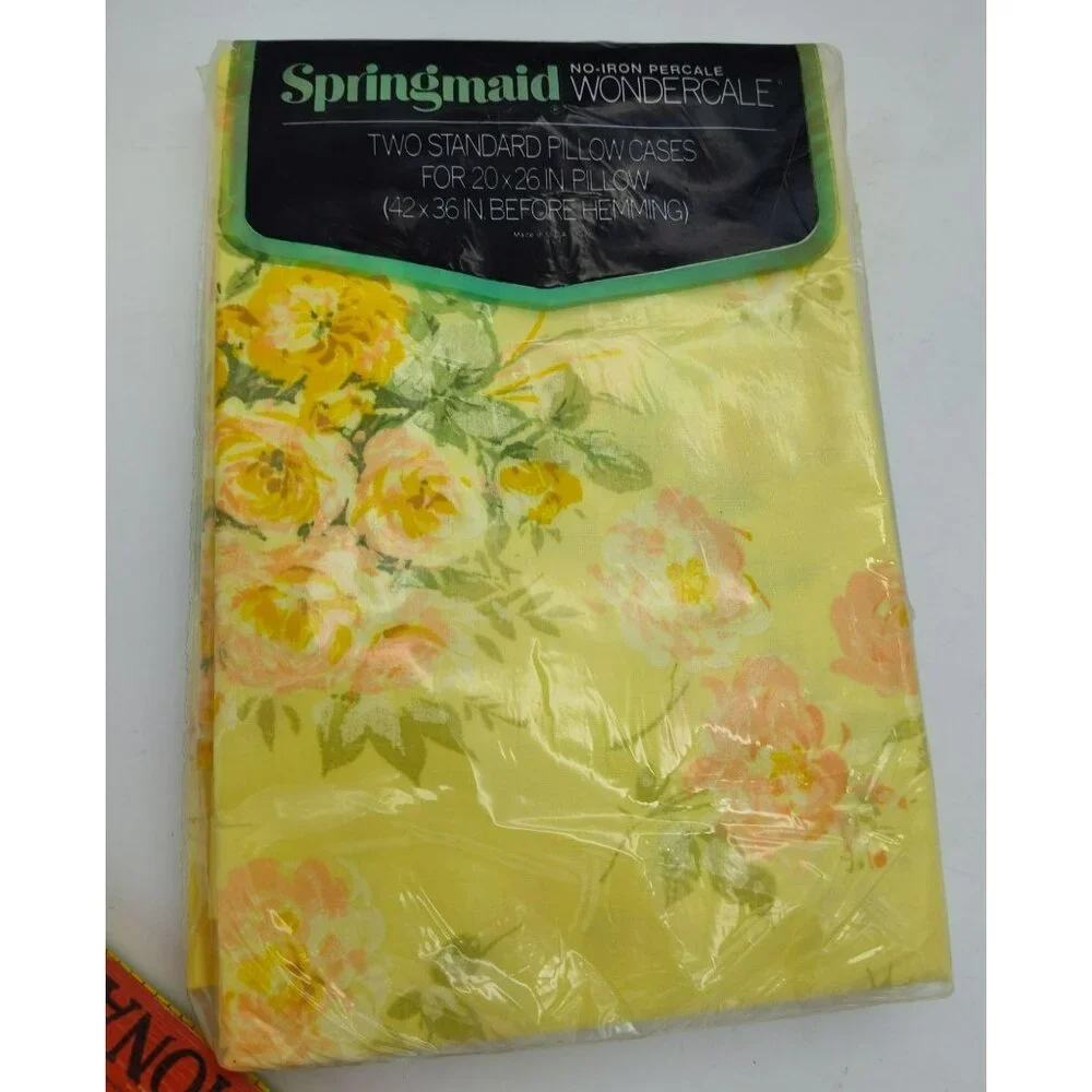 Vintage Springmaid Standard Pillowcase Set, Percale, Regal Rose, Yellow w Pink